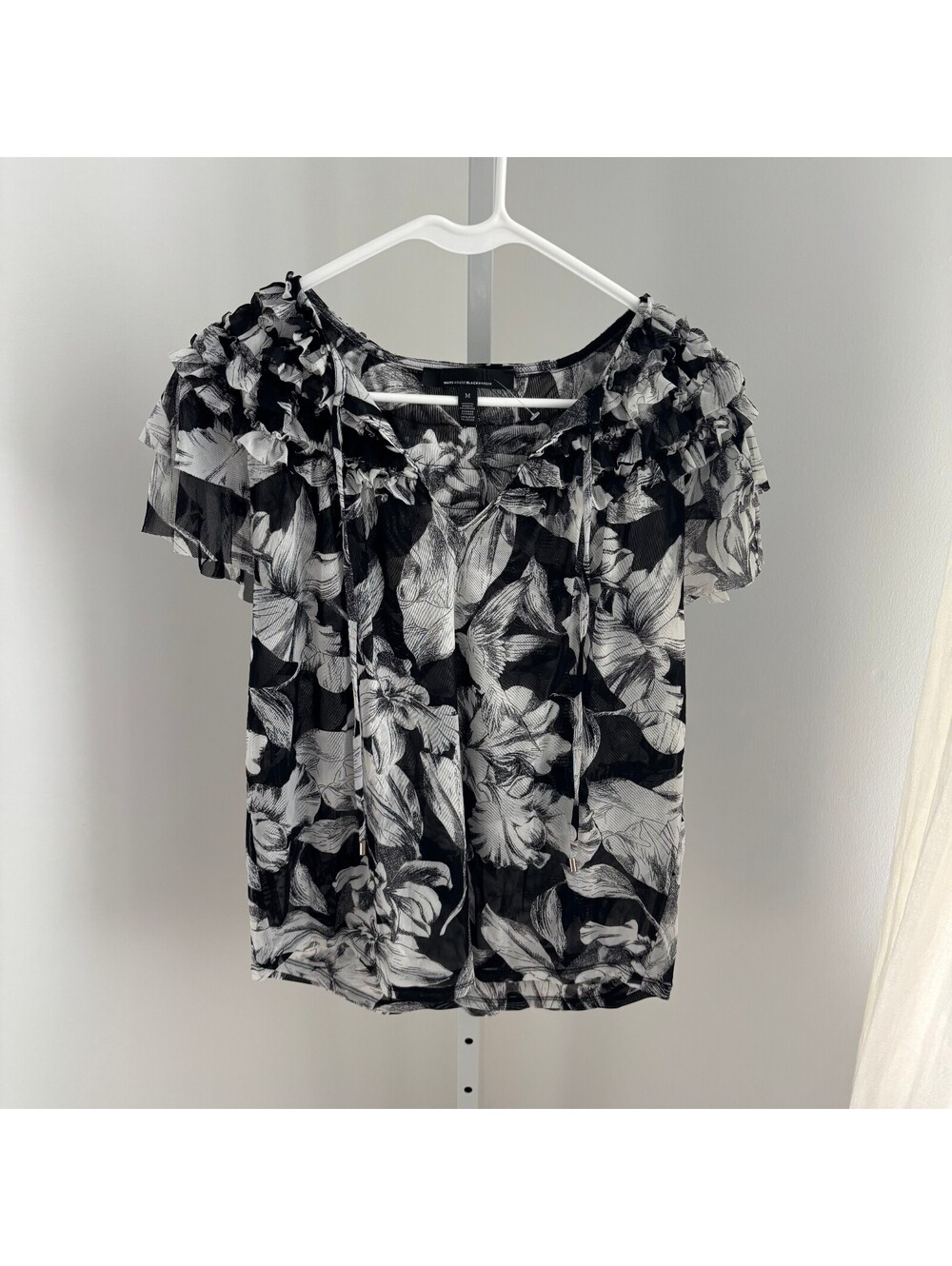 White House Black Market NWOT Black White Floral Mesh Ruffle Neck Blouse Size M